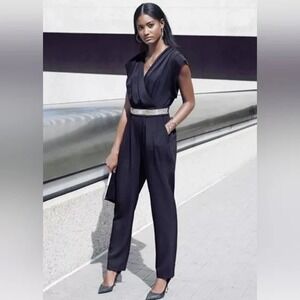 Eliza J Black Jumpsuit Party Cocktail‎ Rhinestone Belt V Neck Size 16